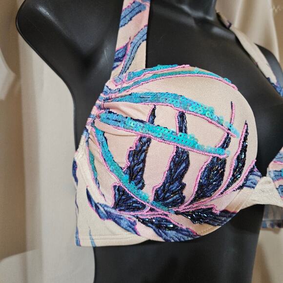 Victoria's Secret 36B Bombshell Bikini Top Blue White Pink Fern Palm Swim Sequin - Picture 3 of 9